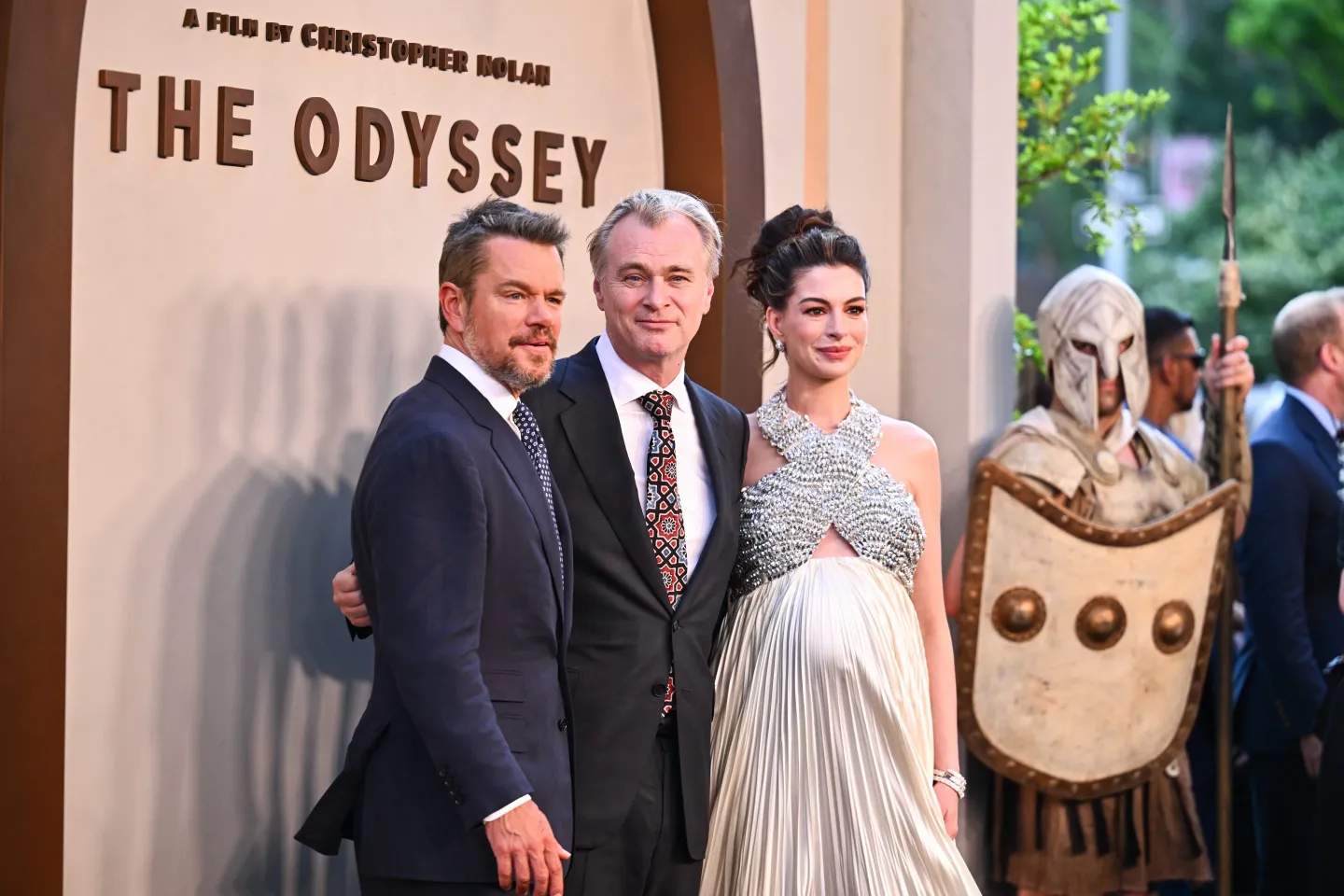 Matt Damon, Christopher Nolan and Anne Hathaway at The Odyssey premiere